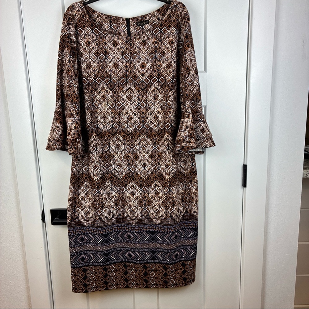 Peach Velvet Brown Patterned Knee Length Zipper Back Dress Size 2X  f